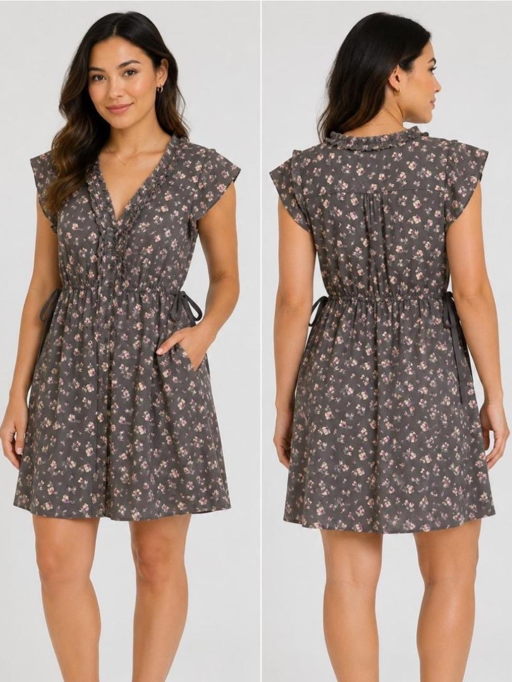 American Eagle Outfitters Gray Floral Mini Dress with Pink Accents